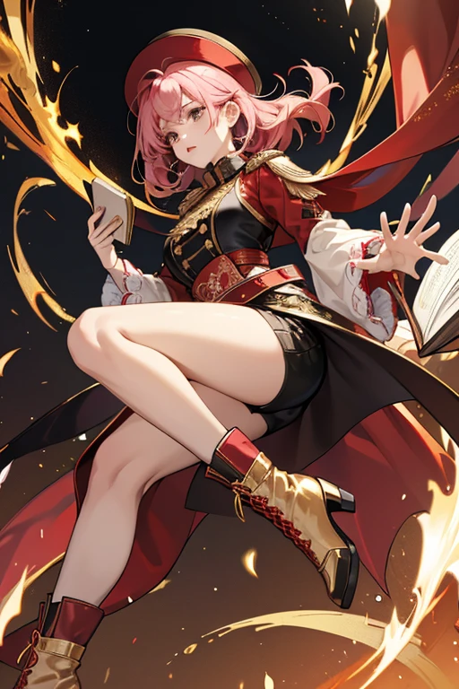 she pink hair. Her outfit consists of a dark red and black backless cropped top accented with gold, a white scarf-like wrapped collar accented with dark red, and a pair of detached, long, puffed white sleeves with black cuffs, a large white pom-pom attached to each. She wears a large, dark red xiezhi hat accented with black and gold. Her collar and hat are both adorned with gold tongbao-shaped buttons. As well as this, she wears a short dark red skirt lined with gold swirls akin to clouds, fastened with a yellow ribbon tied in a bow on her left hip over a pair of uneven black shorts with lace trim. Her footwear consists of a pair of red and gold upturned-toed boots with white fluffy lining and gold heels and soles.
She carries a thick book, fastened by two leather belts on her right hip, where her Vision is affixed. She also carries a large steelyard decorated with adeptus elements. SPARKLE; GLITTER