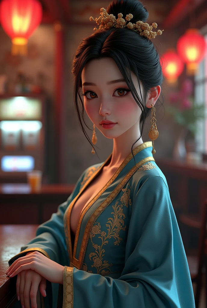 Animation image Realistic Featuring a Beautiful and Realistic, The image should be wearing Hanfu, use colors Blue and Gold,The background is a bar drinking area, featuring a slot machine a 3D Render, Photo, Realistic, Illustration, Painting, Dark fantasy.sexzy