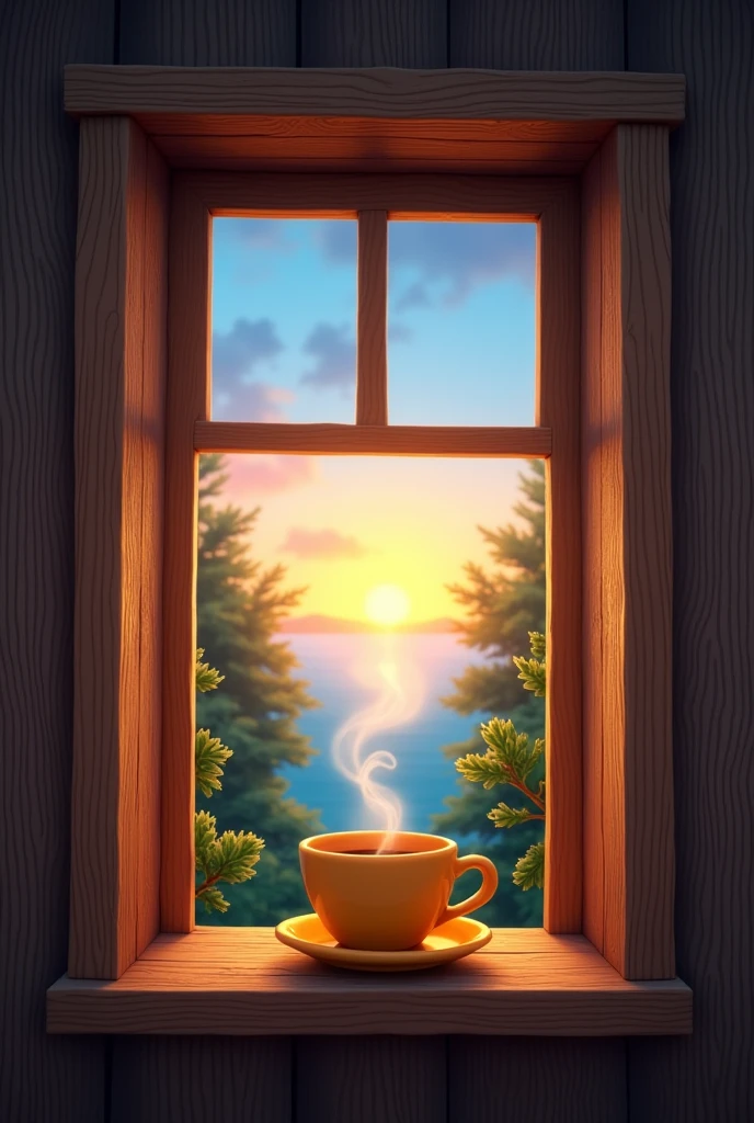 A wooden house in Garopaba and a sunset seen through the window and a little behind the small window, a yellow cup of coffee and in that window you can also see trees and the blue sky.