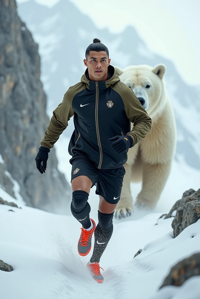 Cristiano Ronaldo ;portant un survêtement nike noir et kaki;sur les montagnes;entrain de s'entraîner;en hiver;un grand ours blanc qui cour derrière