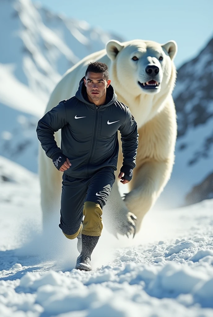 Cristiano Ronaldo ;portant un survêtement nike noir et kaki;sur les montagnes;entrain de s'entraîner;en hiver;un grand ours blanc qui cour derrière