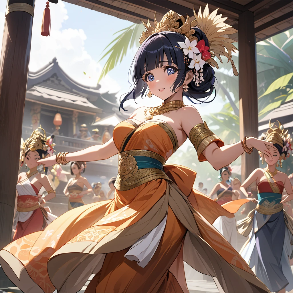 ((Highest quality)), ((masterpiece)), (detailed), (Perfect Face)、The woman is Reika Aoki with semi-long hair、A woman is dancing a Balinese dance in a Balinese costume in Bali, Indonesia