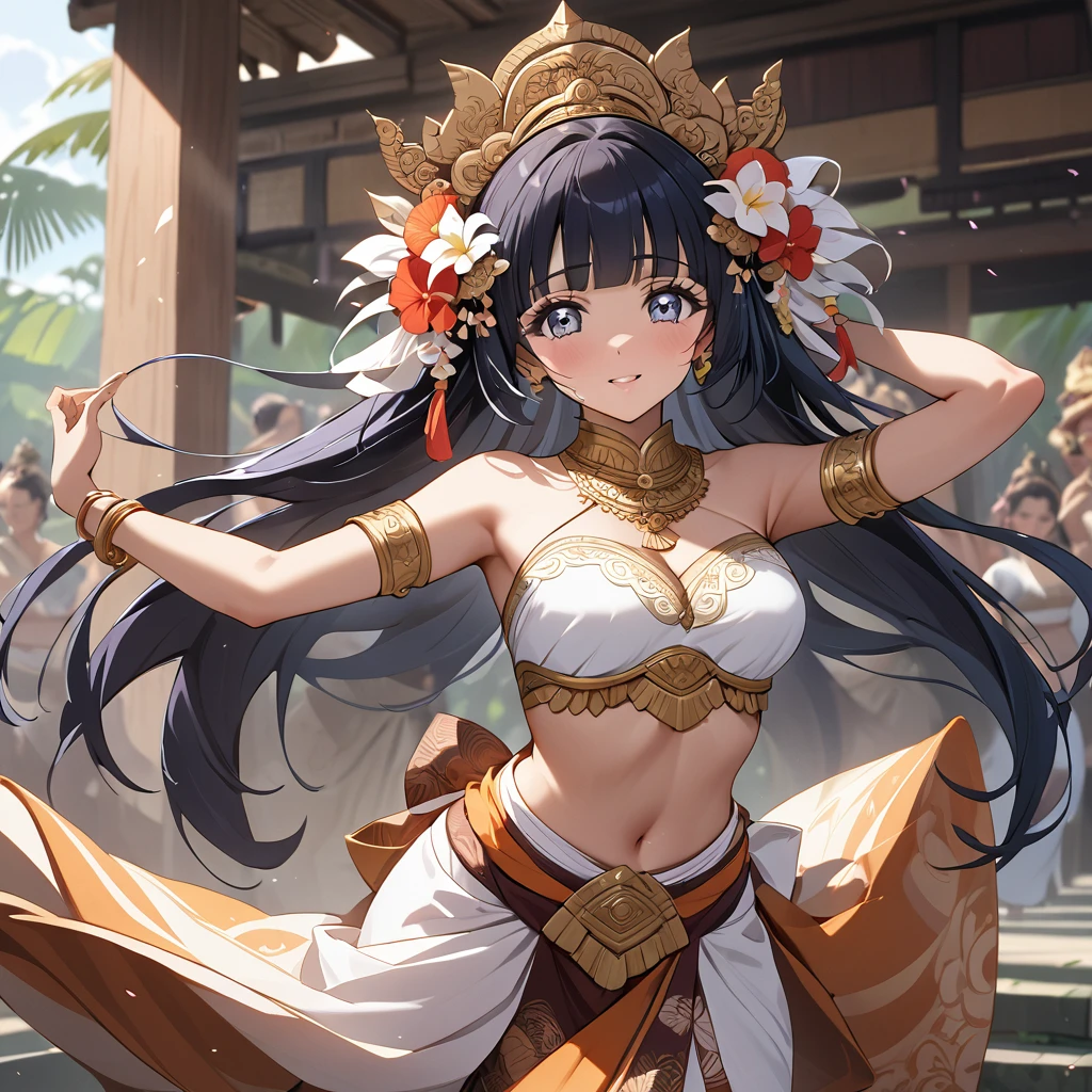 ((Highest quality)), ((masterpiece)), (detailed), （Perfect Face）、The woman is Reika Aoki with semi-long hair、A woman is dancing a Balinese dance in a Balinese costume in Bali, Indonesia