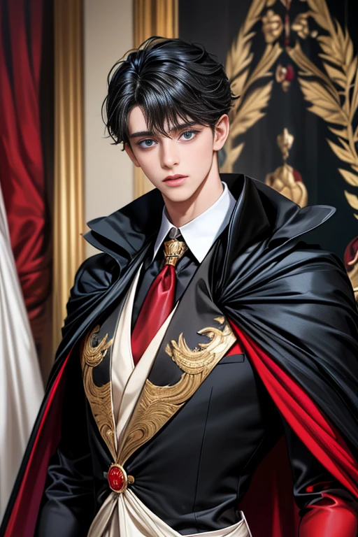 masterpiece, 最high quality, high quality, 1 boy, alone, Male focus, Upper Body,Watching the audience, Messy black hair, Adorable big blue eyes, White, Noble, Noble,A black and red cape that is bursting with sexy volume、Tuxedo、A very voluminous, large, very large, very large, long, long red and black cape with a high stand-up collar, made of a lot of fabric that reaches down to the floor., ,cute beautiful,Cute, cute, kind, handsome guy