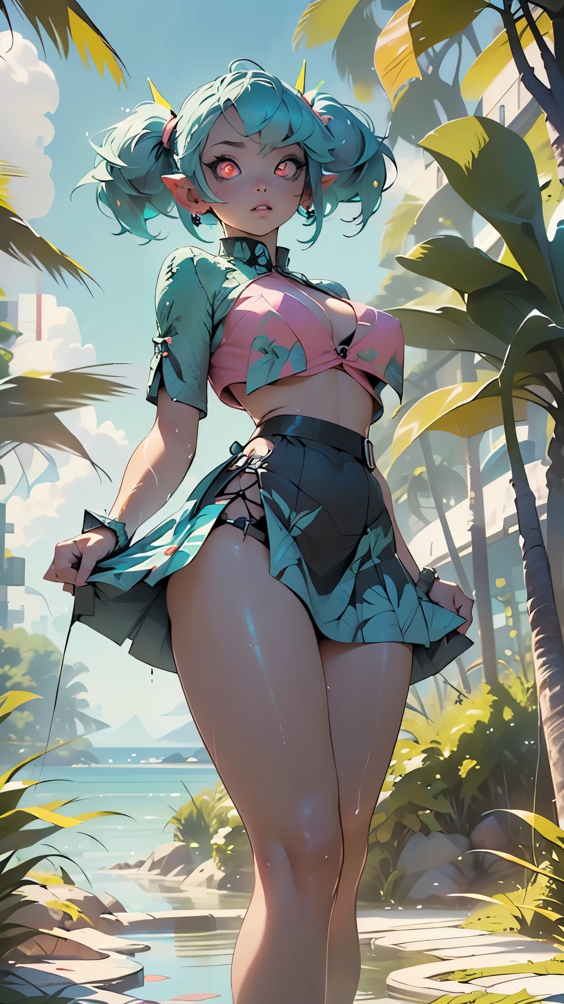 Lightning,strike,Thunderbolt, 1girl in, Cute, Water, Smile, Asian, The upper part of the body_Body, Face seen from the side, Head_tilt, Fish, Orion, from a_Above, side-tie_bikini of_Bottom, Black_thighs thighs thighs thighs, Water splash, beautiful detailed water, The sun shines through the trees, bob cuts, wept bangs, hair between eye, lightsmile, Bright eyes, Bare_shoulders, Nail_The sheen, Large_breasts, Navel, thighs thighs thighs thighs, hair_Bow, Bracelet, Sleeveless, pleats_Skirt, cleavage_cutout, Bare_Legs, beautifulanddelicatewater, spark of light,Green hair, Green eyes,