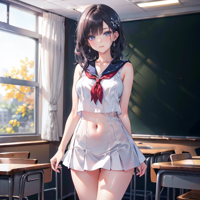 Anime Waifu beautiful detailed eyes, beautiful detailed lips, extremely detailed eyes and face, longeyelashes, 1girl, sensual, young woman, medium breasts, beautiful feminine face, nice thighs, slim, sexy, erotic, beautiful clothes, perfect body, cinematic lighting and framing, (best quality,4k,8k,highres,masterpiece:1.2),ultra-detailed,digital painting,portrait,glamorous,highly detailed,soft lighting,warm color tones Perfect human body,1 girl, (very highly detailed background,Classroom), clavicle,Sleeveless sailor suit,navel,Low-rise miniskirt,((woman with fever)), ((perspired,college aged))), Colossal ,Indecent expressionlush blush:1.2),Pubic hair shows through,Next to him stood a man,Man taking photo of girl,,