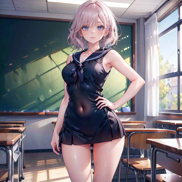 Anime Waifu beautiful detailed eyes, beautiful detailed lips, extremely detailed eyes and face, longeyelashes, 1girl, sensual, young woman, medium breasts, beautiful feminine face, nice thighs, slim, sexy, erotic, beautiful clothes, perfect body, cinematic lighting and framing, (best quality,4k,8k,highres,masterpiece:1.2),ultra-detailed,digital painting,portrait,glamorous,highly detailed,soft lighting,warm color tones Perfect human body,1 girl, (very highly detailed background,Classroom), clavicle,Sleeveless sailor suit,navel,Low-rise miniskirt,((woman with fever)), ((perspired,college aged))), Colossal ,Indecent expressionlush blush:1.2),Pubic hair shows through,Next to him stood a man,Man taking photo of girl,,