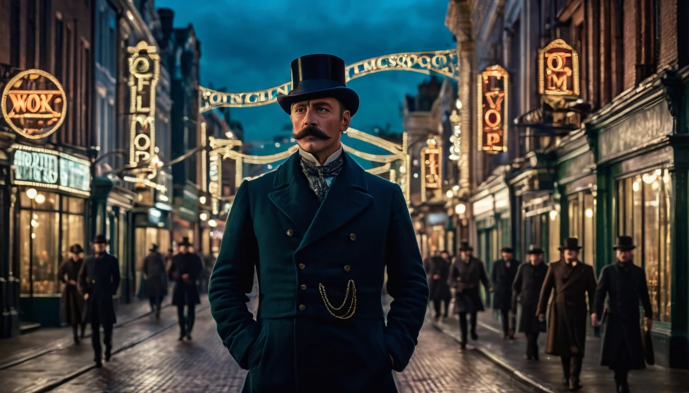 (((London 1889))); shallow depth of field, highly detailed, high budget Hollywood film, bokeh, cinemascope, epic, gorgeous, film grain; "(Best Quality,High resolution); (bright and intense colors:1.1),(realist:1.1) graphic art style,Frightening