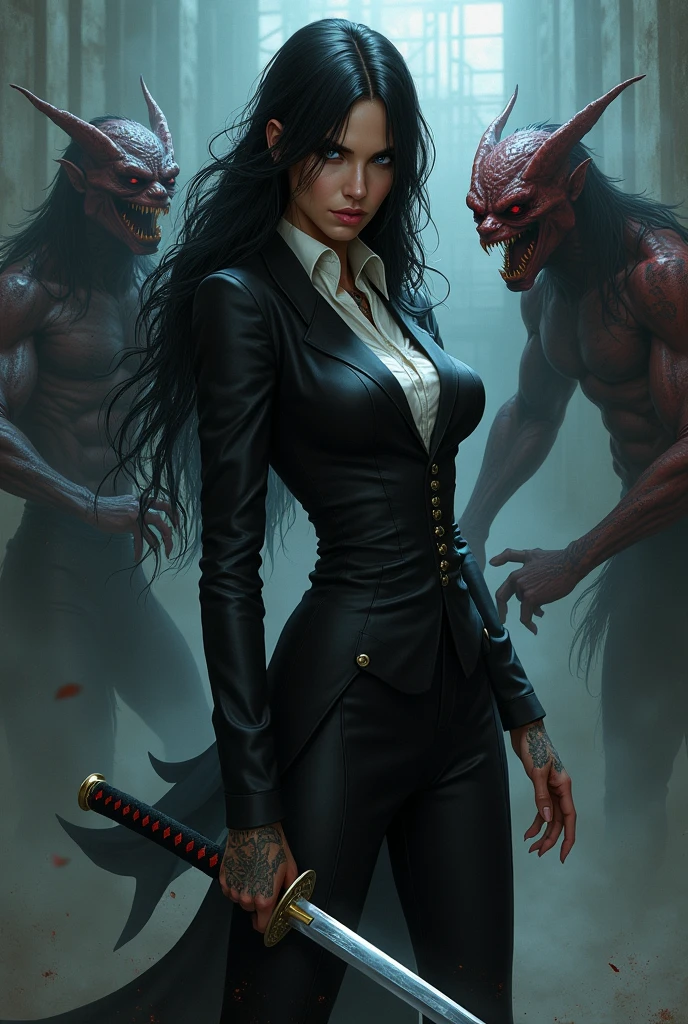 Woman with long black hair, Caucasian skin, blue colored eyes, tattooed, powerful woman, with a black men's formal outfit. She is fighting monsters with a katana.