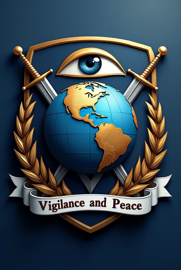 The shield of the Global Intelligence and Security Initiative (IMIS) reflects its global mission and commitment to international security through a heraldic design that includes a globe at the center, representing its worldwide jurisdiction, and a watchful eye upon him, symbolizing its constant monitoring and surveillance. Flanked by olive branches that cross at the bottom, The shield also incorporates diagonally crossed swords behind the globe., representing the willingness to defend and protect. With a navy blue background that denotes authority and confidence, Gold details that reflect excellence and wisdom, and white symbolizing peace, The shield is completed with a ribbon with the motto "Vigilance and Peace" (Vigilance and Peace), Encapsulating the IMIS values of security and humanitarianism.