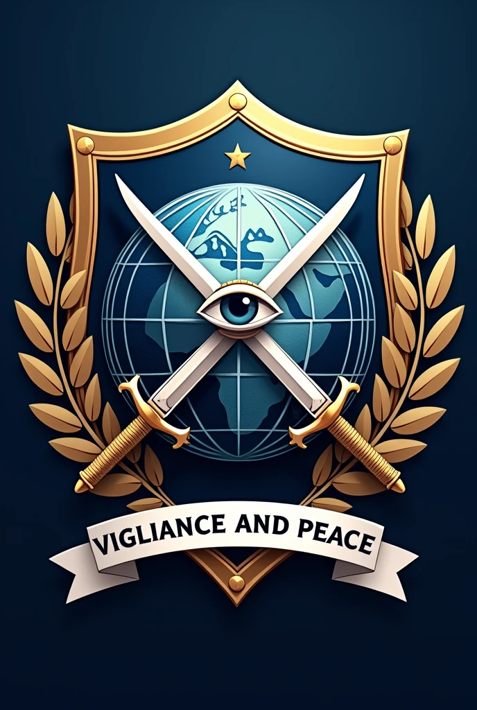 The shield of the Global Intelligence and Security Initiative (IMIS) reflects its global mission and commitment to international security through a heraldic design that includes a globe at the center, representing its worldwide jurisdiction, and a watchful eye upon him, symbolizing its constant monitoring and surveillance. Flanked by olive branches that cross at the bottom, The shield also incorporates diagonally crossed swords behind the globe., representing the willingness to defend and protect. With a navy blue background that denotes authority and confidence, Gold details that reflect excellence and wisdom, and white symbolizing peace, The shield is completed with a ribbon with the motto "Vigilance and Peace" (Vigilance and Peace), Encapsulating the IMIS values of security and humanitarianism.