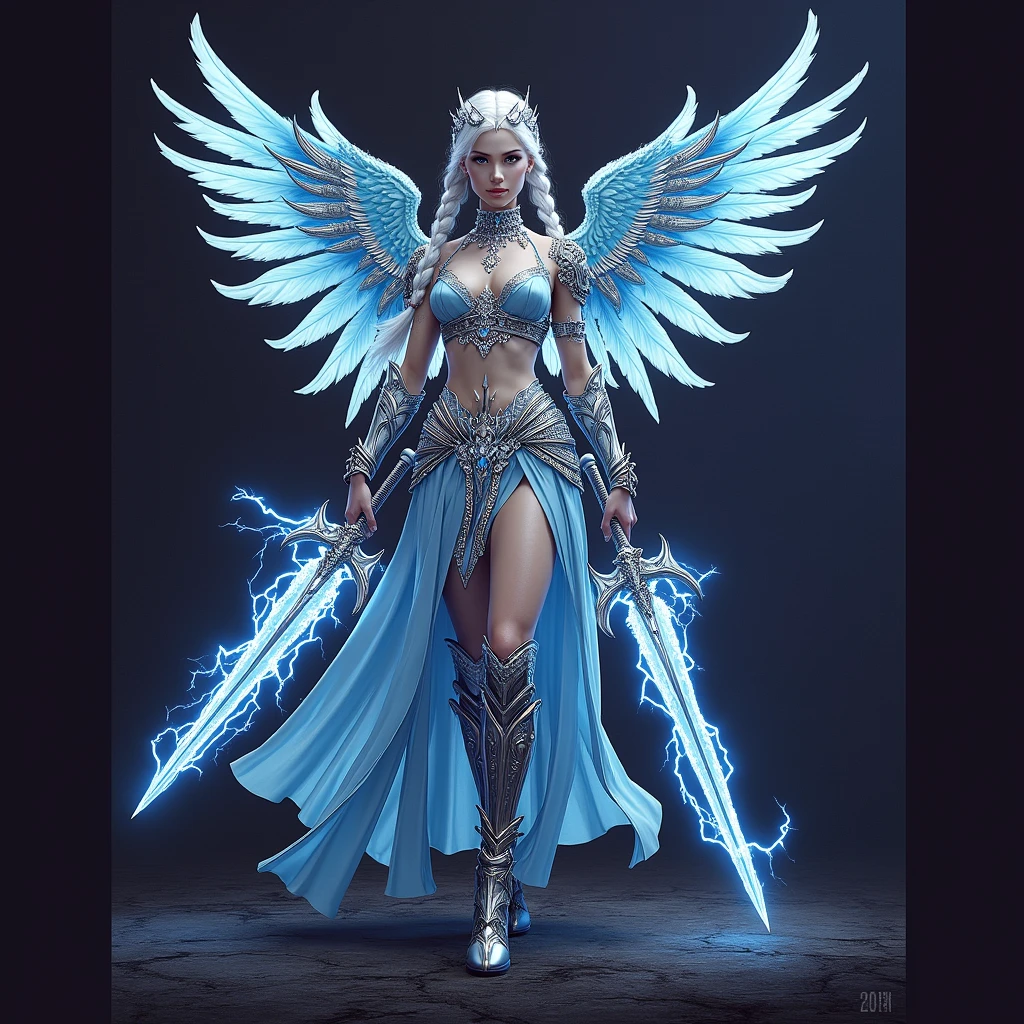 (wearing big rayban aviator sky blue tinted sunglasses with diamond skeleton), (left wristband contains steampunk clocks), (watches and time related engines), (boots contain fancy silver embroidery), (using silver hoops for earrings), (the front part of the hair have been partially dyed cyan), (blue lipstick), (photorealistic), (full body view), (walking), (background white), (a woman with wings and a halo), (ice sorceress), (ice mage), (full portrait of elementalist), (world of warcraft art style), (beautiful ancient frost witch), (clothed in ethereal battle armor), (painted in the style arcane), (clothed in ethereal armor), (epic mage girl character), (mystical atlantean valkyrie), (ice crystal armor), (white shiny hair in high-wide pigtail braided ponytails), (large amount of metal, diamond and silver accessories), (fancy silver crystal artistic boots with spikes and dragonic look with white diamonds and big pointy heels), (shiny silver satin belt with white crystal crescent moon diamond in the middle), (triple extra ornate silver and diamond jewellery: rings, earrings, wristbands, armbands, necklaces, choker, tiara, hair clips), (huge anime big large and cute gray eyes with long eyelashes), (intricate detailed decorations white hair with braided pigtails and long hair), (artistic tattoos highlighting her edgy persona), (cute pretty beautiful symmetric face, cute nose, juicy shiny silver lips), (symmetry), (dual colored open wrap blue ballgown dress with cyan textures and white embroidery), (cyan satin schoolgirl style skirt), (white stockings with cyan laces attached on the underpants), (blue tinted sunglasses with silver frame and diamonds), (holding two glowing cyan silver long great sword weapons emmanating energy blue flame and electricity in both hands), (angelic wings with silver metal framing), (moody ambiance), (highly detailed, HD), (cinematic lighting)