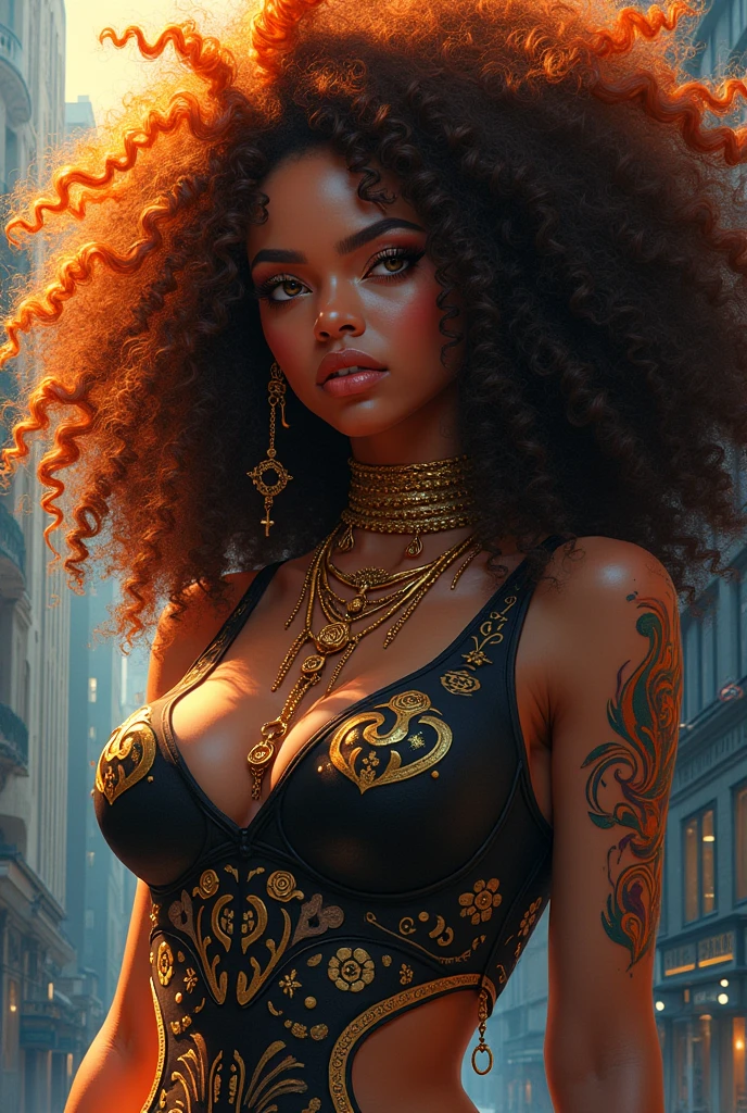 (best quality, masterpiece), A beautiful brown woman, tanned skin, black curly hair, black cat eyes, galatica war city background, futuristic, pose, particle, looking at the viewer, galaxy, backlit, rimlight, perfect composition, raudha athif,