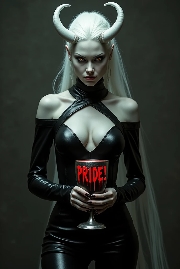 create an eyebrowless albino woman with scary yellow devilish eyes in a black leather outfit holding a chalice of blood with the words: pride!