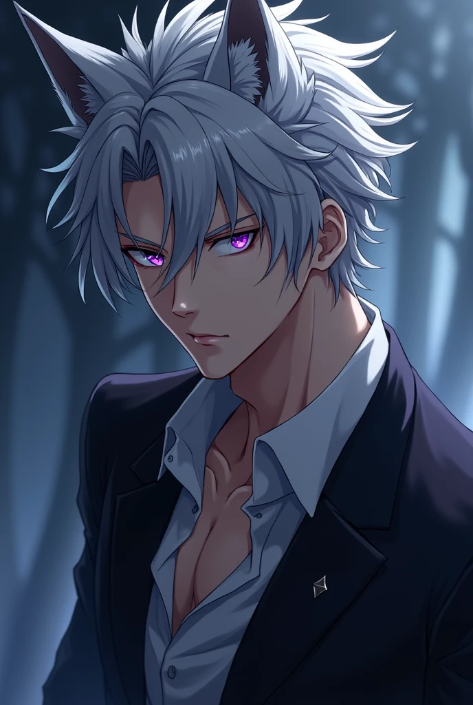 Sexy Anime male with gray hair wolf purple eyes