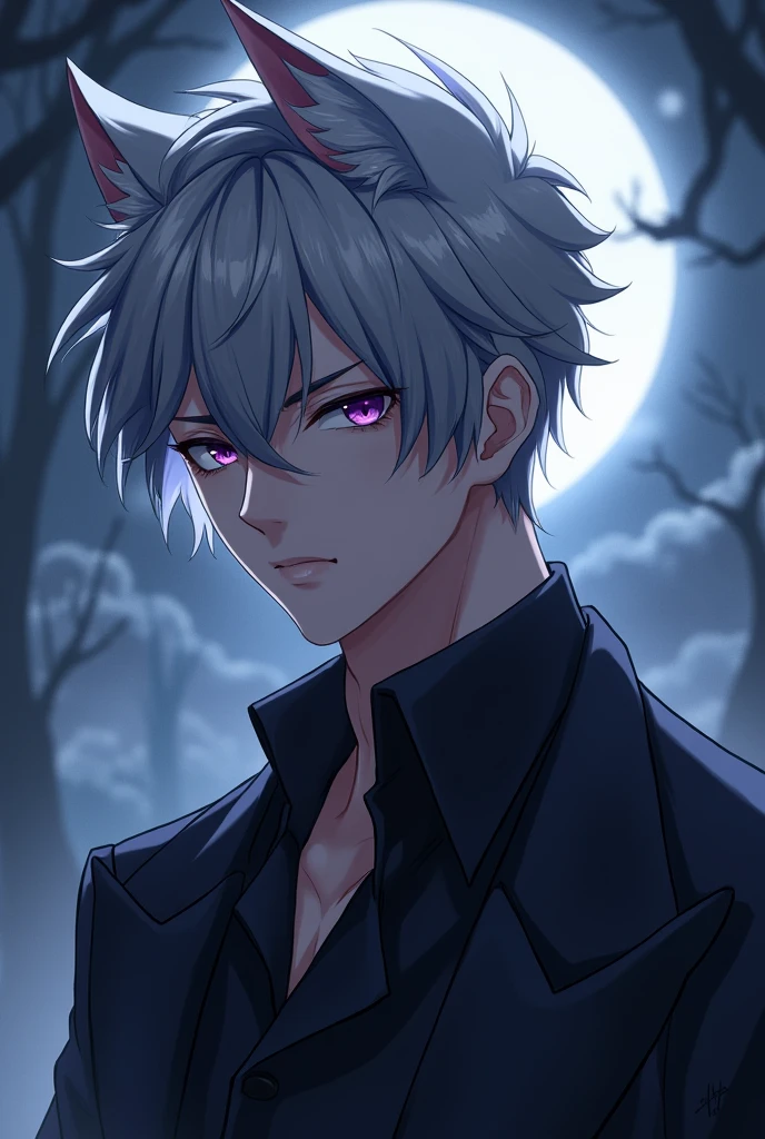 Sexy Anime male with gray hair wolf purple eyes