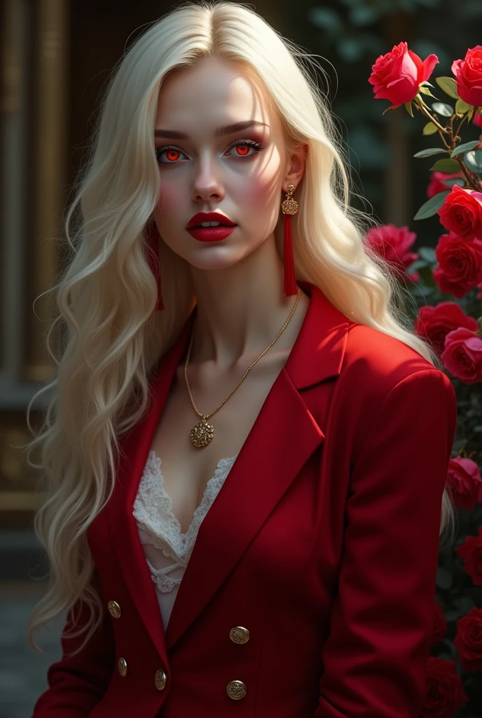 masterpiece, of the highest quality, (Focus only), (perfect face:1.1), (High detail:1.1), (Hyper detailed eyes), dramatic, 1 chico, (Pale skin), long blonde hair, (red irises), Individual approach, vampire, by the wide, officer, evening, Luxury red suit, sensual lips, castillo, detailed background, art by artgerm, cinematic lighting, Red roses, fashion