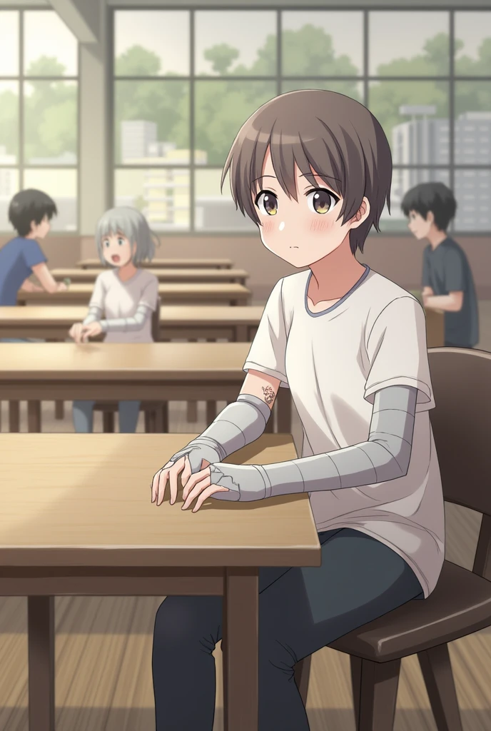 with the broken and fitted arm, sitting on a table in a cafeteria setting, short hair and normal clothes