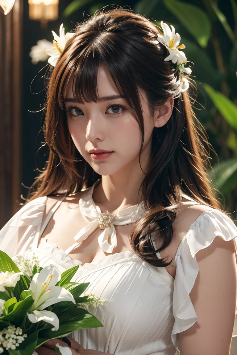 Medium Size Display, Medium Shot, Written boundary depth, bust, Upper Body, Movie angle, masterpiece, Highest quality, Very detailed, CG, 8k wallpaper, Beautiful Face, Delicate eyes, Otome, alone, smile, bangs, skirt, Formal blouse, Bouquet of lilies