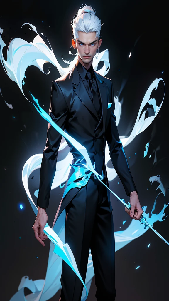 envision a 8k, highres, cinematic full body design sheet of a strong faced man with a slender body, no facial hair with short sleek white hair, and blue eyes wearing black vest and collard shirt, blazer, magic effects against a dark gray background
