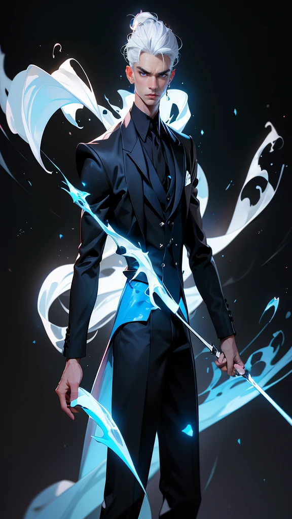 envision a 8k, highres, cinematic full body design sheet of a strong faced man with a slender body, no facial hair with short sleek white hair, and blue eyes wearing black vest and collard shirt, blazer, magic effects against a dark gray background