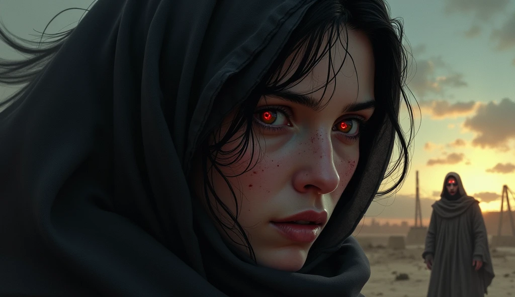 A dramatic and realistic portrait of a woman, wife of Cain from the Bible, with an expression of mystery and reflection. She must appear deep and emotional, with a look that suggests a complex and painful story.
Setting: A dark and atmospheric setting, which refers to exile and the challenges faced. It may include a background with an arid desert or a landscape of an ancient city in ruins, reflecting an idea of construction and exile, in which in the background and behind the woman there is a man with a mark on his face with red eyes, highlighted by him behind the woman.
Visual Elements:
Shadow and Light: Play with contrasts of light and shadow to create an atmosphere of mystery and tension.
Rupture Effect: Add a crack or fluke effect to the image to symbolize the impact of the curse and the secrets revealed.
Extra Details: Include a subtle image of a city under construction (like Enoch) in the background, or discreet biblical symbols to add depth and connection to the theme.
Style: The design should be dramatic and intriguing, capturing the essence of the mystery and complexity of Cain's wife's story. Use a color palette that combines dark tones with yellow, with vibrant highlights to attract attention and spark curiosity.