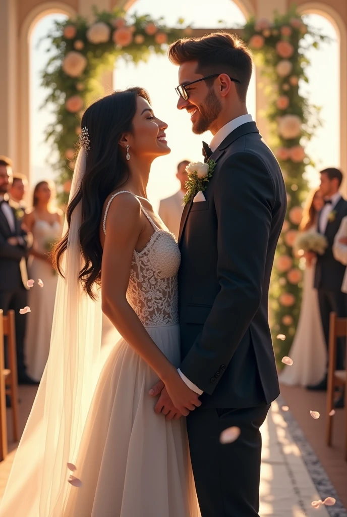 very pretty dark haired girl happily marrying a young man with glasses, big smile and lush buttocks 
