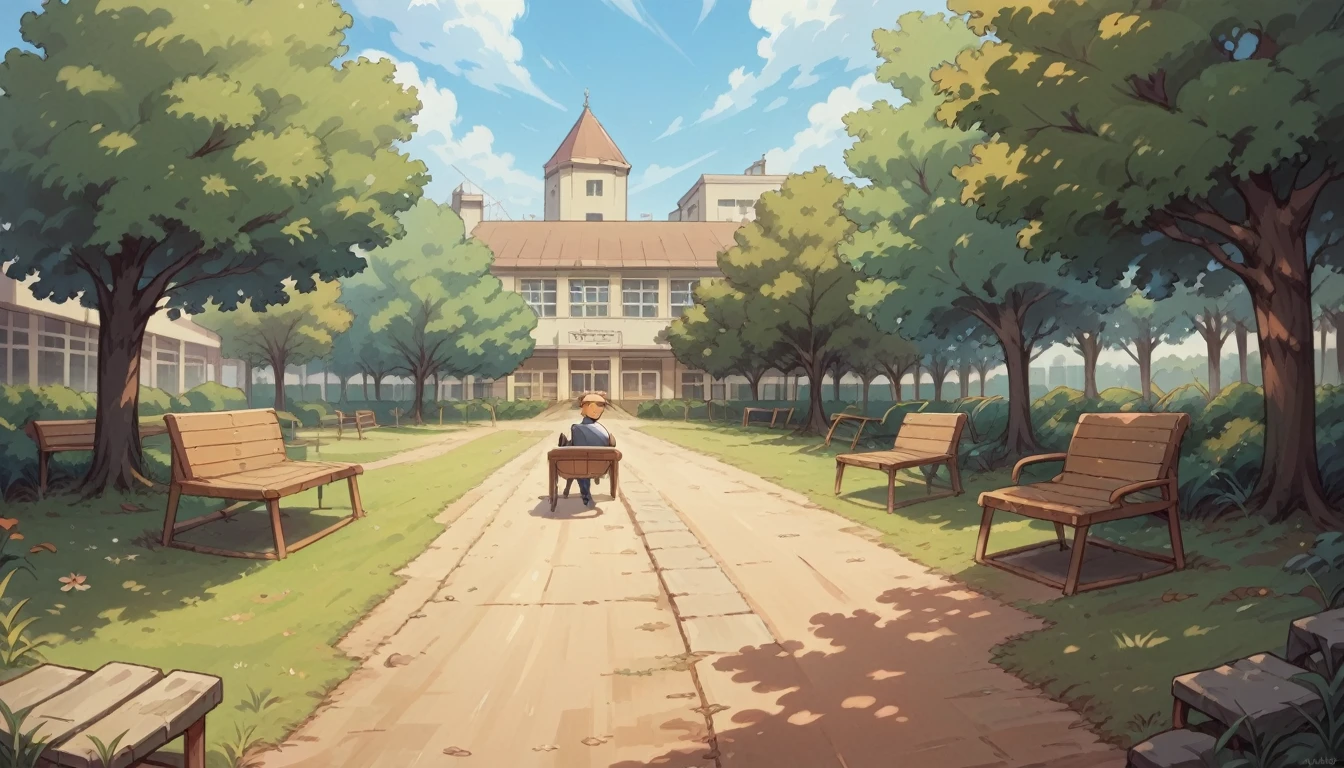 "An open and spacious high school courtyard surrounded by school buildings. There are well-maintained grassy areas with trees providing shade, and a few benches where students can sit and relax. Some students are walking through the courtyard, while others are sitting on the grass, chatting or reading books. The atmosphere is peaceful, with a gentle breeze rustling the leaves of the trees."