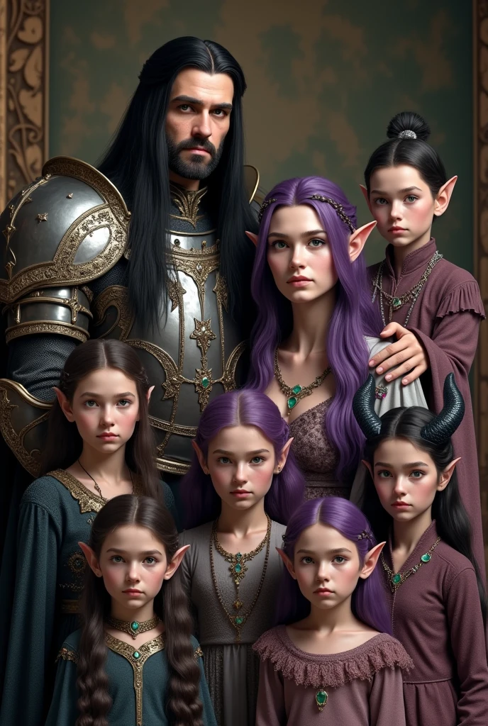 medieval royal family, Human Pope with long straight black hair, RAF Blue eyes, wearing an armor full of jewels (emeralds), serious expression and a firm pose with his hand placed on his wife's shoulder, Mom (wife) purple hair, with black horns and elf ears, fuchsia pink eyes, with a beautiful light green dress, detailed, 4k definition, with her 7 children