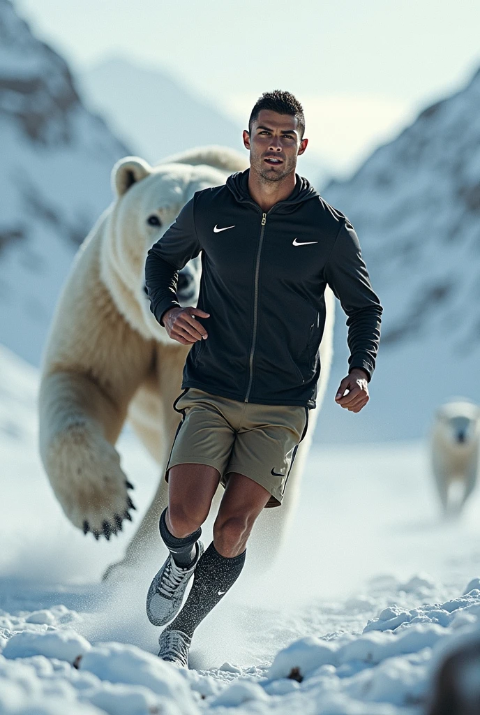 Cristiano Ronaldo ;portant un survêtement nike noir et kaki;sur les montagnes;entrain de s'entraîner;en hiver;un grand ours blanc qui cour derrière