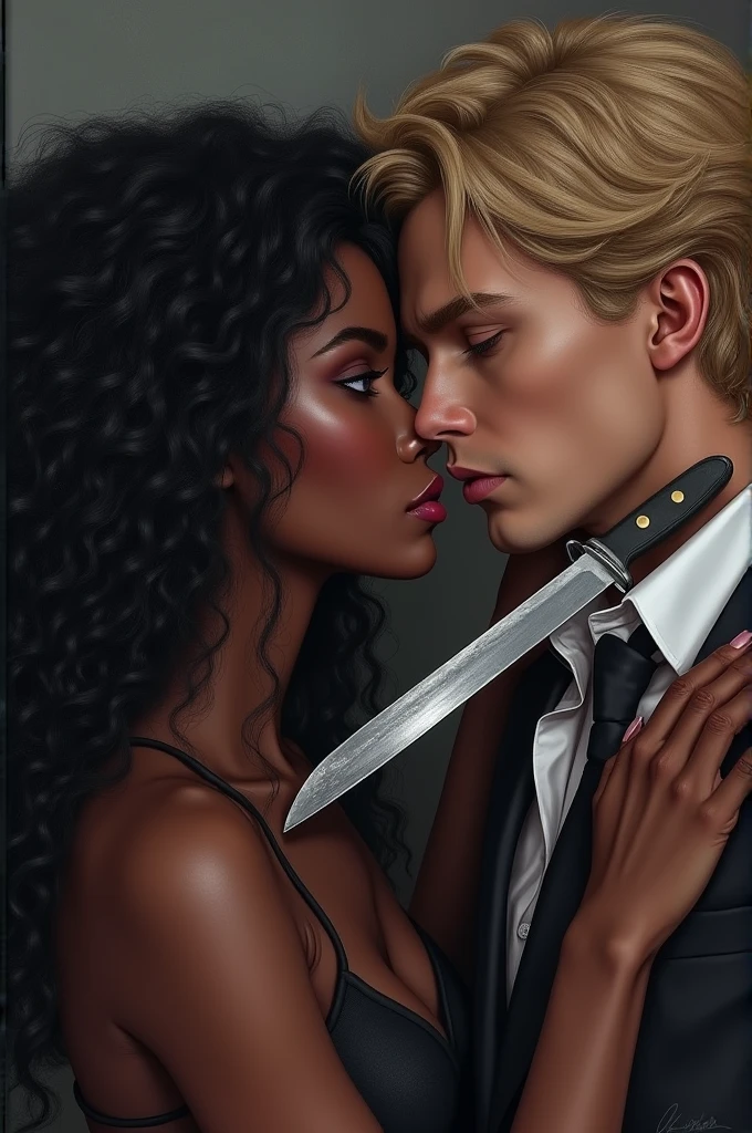 Make a drawing as if it were the cover of a dark romance book, a black-skinned woman with long, curly hair was holding a knife to her fiancé's neck, who also had a knife to her neck, such man was blond, he had purple eyes and looked at her with desire, but she looked at him with hate
