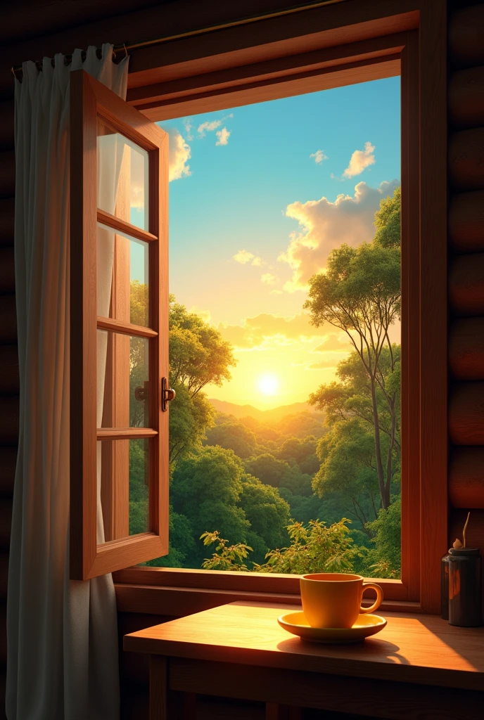 A wooden house in Garopaba and a sunset seen through the window and a little behind the small window, a yellow cup of coffee on a wooden table and in this window you can also see trees and the blue sky.
