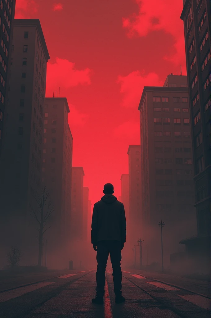 Single unsocial mute man blindfold alone in the street red clouds