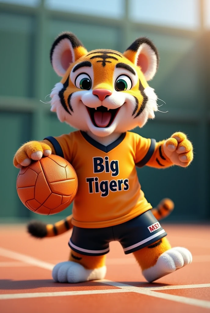 Based on the tiger. Create a handball team photo, with the name "little tigers", where the tiger will represent the little tiger. The animal must have a handball in its hand, no people in the photo just the animal on a handball court put the tiger with a shirt saying big tigers