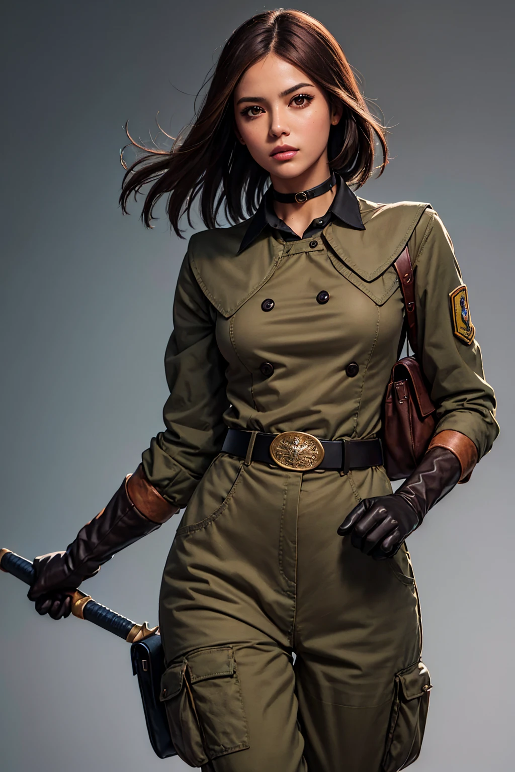 whipms, gloves, uniform, military, military uniform,belt, choker, pants, whip, masterpiece, detailed face, highres, solo, semi-realistic, half body, brown eyes, toned body