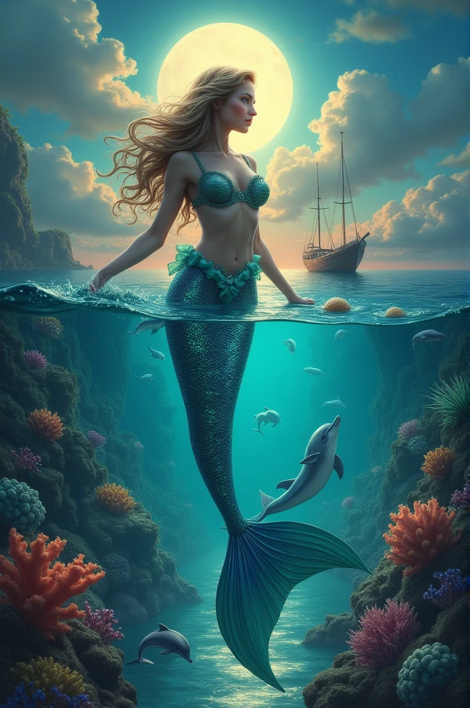 I want a mermaid that is the center of attention, that her tail is what stands out the most, that has the moon, whether it is night or sunset, that has elements like dolphins or shells, corals, and things from the sea, in the background you can see a boat.