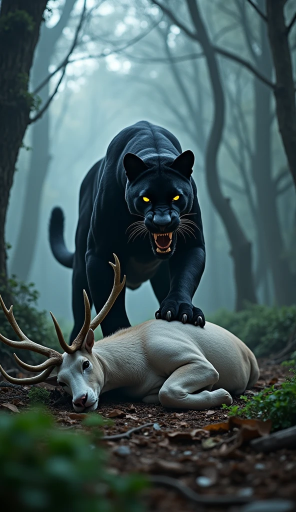A realistic scene in a dark, misty forest with towering ancient trees. In the foreground, a fierce black panther with sharp, bared teeth and glowing yellow eyes stands over a white deer with large antlers, which lies lifeless on the forest floor. The panther's claws grip the deer, and its mouth is wide open in a powerful roar. The scene is intense and dramatic, with the mist and light filtering through the trees adding an eerie atmosphere to the forest background. The forest floor is covered in fallen leaves and twisted roots, with a few green plants emerging through the debris.