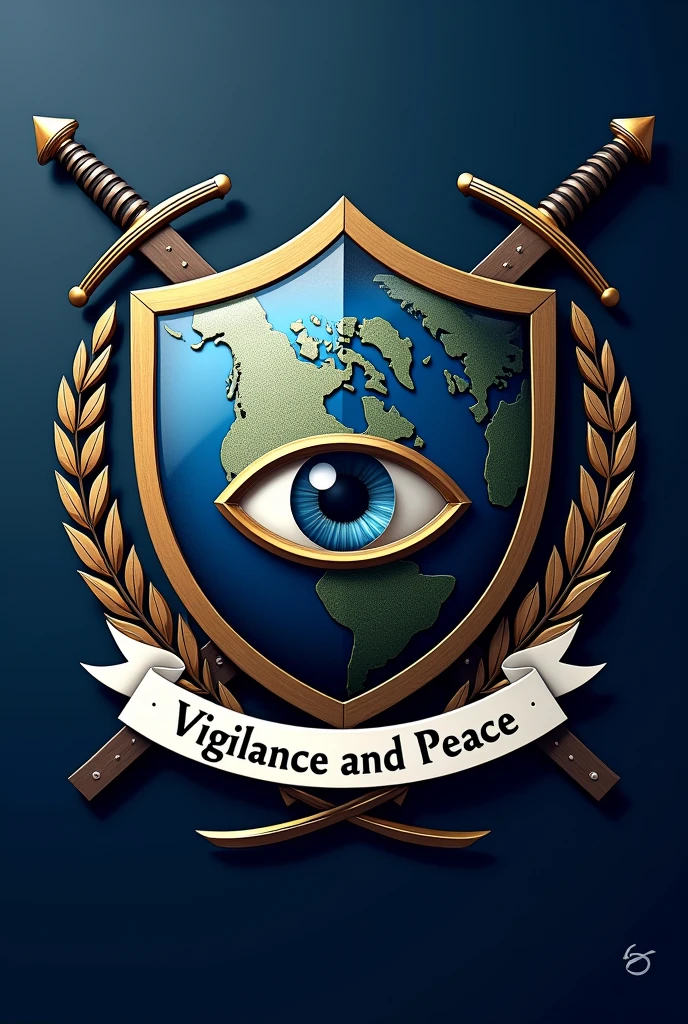 The shield of the Global Intelligence and Security Initiative (IMIS) reflects its global mission and commitment to international security through a heraldic design that includes a globe at the center, representing its worldwide jurisdiction, and a watchful eye upon him, symbolizing its constant monitoring and surveillance. Flanked by olive branches that cross at the bottom, The shield also incorporates diagonally crossed swords behind the globe., representing the willingness to defend and protect. With a navy blue background that denotes authority and confidence, Gold details that reflect excellence and wisdom, and white symbolizing peace, The shield is completed with a ribbon with the motto "Vigilance and Peace" (Vigilance and Peace), Encapsulating the IMIS values of security and humanitarianism.