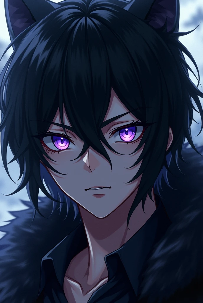 Sexy Anime male with black hair wolf purple eyes