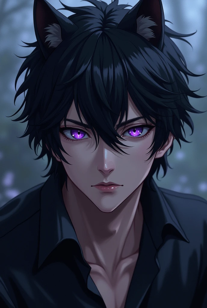 Sexy Anime male with black hair wolf purple eyes 