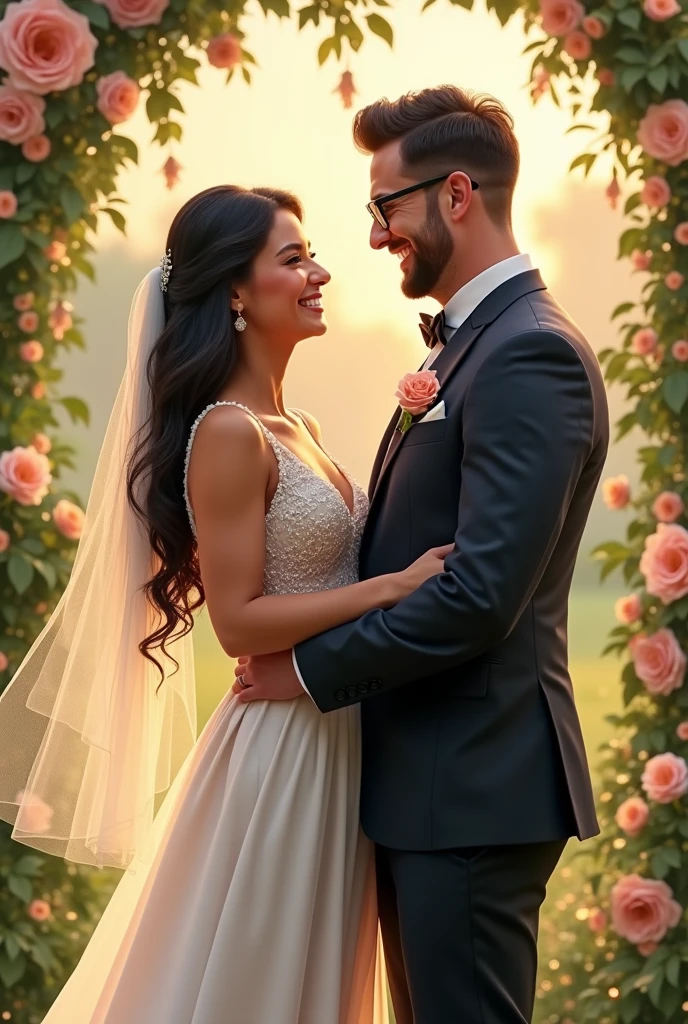 very pretty dark haired girl happily marrying a young man with glasses, big smile and lush buttocks!