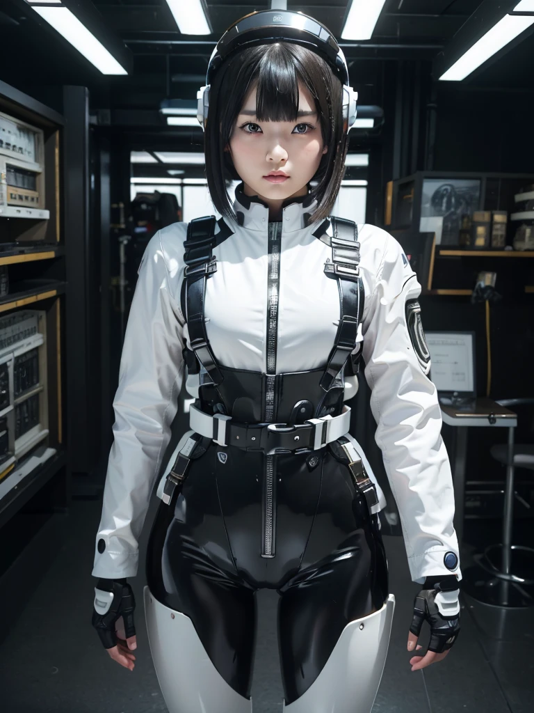 masterpiece, Highest quality, Very detailed, Japanese Android girl, Beautiful 2 Japanese woman, Plump,Control panel,Android,cyborg,Blunt bangs,black and white bodysuit,Thick harness belt,Full-face helmet,In combat
