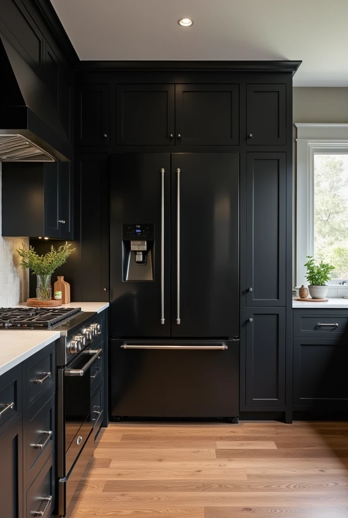 A TOO big kitchen that is black with slightly dark wood floors, that looks like a modern cottage kitchen, with two refrigerators 


