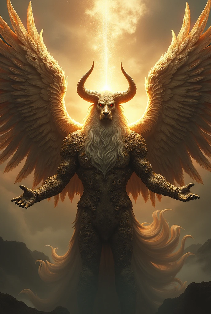 The Cherubim, segundo a visão que Deus deu a Ezekiel, referred to in the Bible, is a spirit with 4 wings and 4 faces. The first bull face, the second of man, the third of a lion and the fourth of an eagle. Like this, They are just below God and their bodies are completely filled with eyes (Ezekiel, Chapter 10).