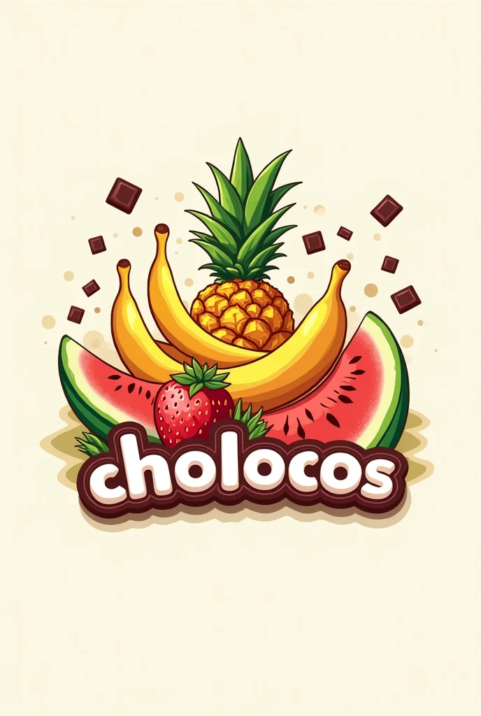 A logo that has fruits: banana strawberry watermelon pineapple with chocolate and your name is "CHOCOLOCOS"