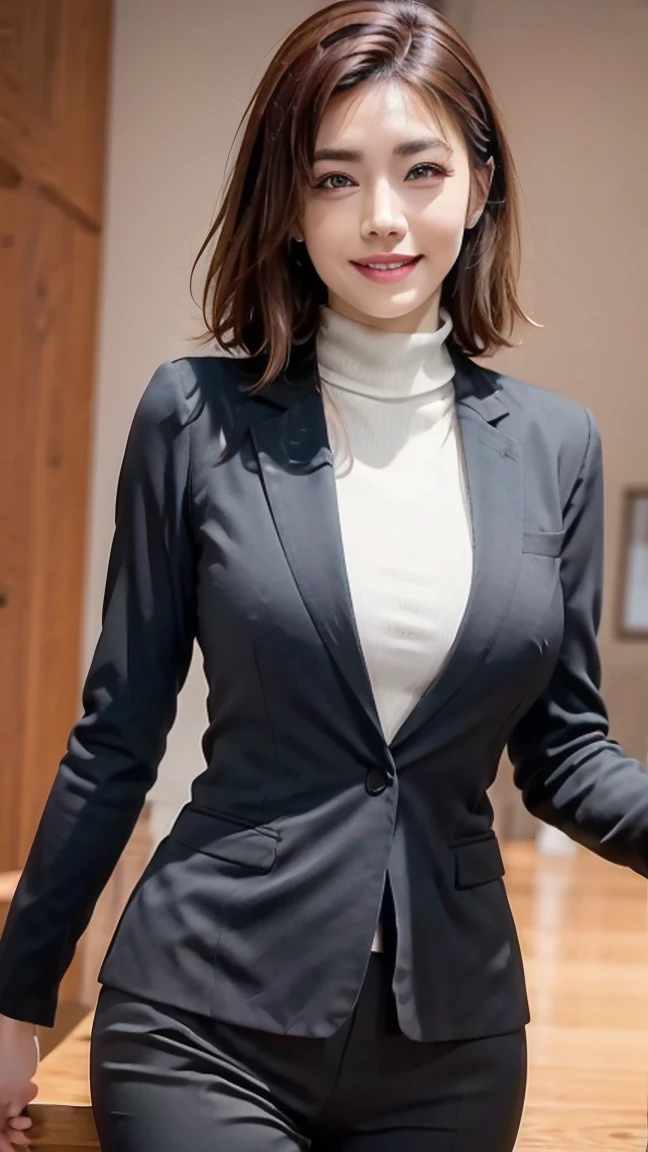 Ultra-high resolution, Accurate, Anatomically correct, Textured skin, Attention to detail, 8k, A woman in a suit takes a photo, a hyperRealistic , hyperRealistic , Wear a proper business suit, photoRealistic perfect body, Realistic , On the desk, standing On the desk, ultra Realistic picture, Wearing a strict suit, Realistic shaded perfect body, Dressed in a strict suit, photoRealistic girl render, A light smile,