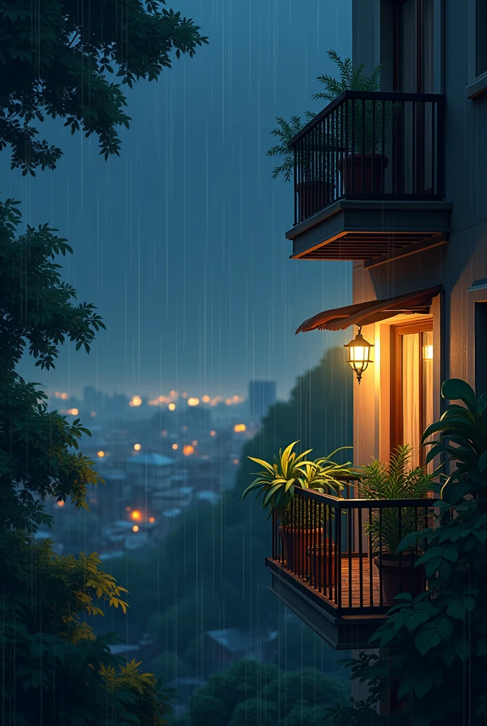 animation on a rainy nigt,the balcony becomes a haven of peace, where the gental patter of raindrops brings a quite calm to the rain,and balcony has diffrent plants ,full of lights, view from balcony