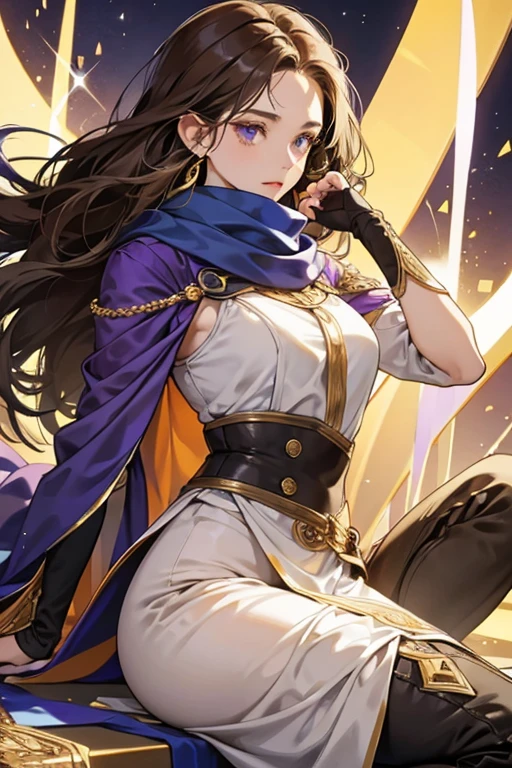 caramel hair. Gorou wears an igote with shinobi shouzoku trousers, showing the bottom half of her torso while still covering up her legs and arms. The upper armor goes around her neck, in a collar-like formation. At the front of it is a small gold paw print symbol, which has a bow hanging below it. sHe additionally wears grey pants adorned with white wave patterns and black open-toe boots. Her Inazuman Geo Vision is seen on the upper-middle back of herarmor. There is plating on her left shoulder and arm SPARKLE; GLITTER