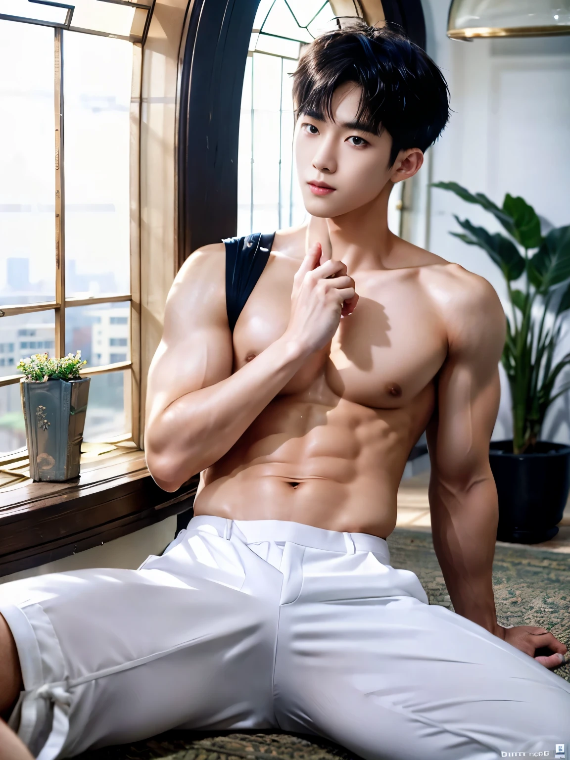 (A asian pretty Boy, cute boy, Nude posing:1.1), (absurdres, realistic, masterpiece:1.2), RAW photo, best quality, 8K,1boy, chinese idol, very handsome, perfect face, Extremely detailed, Practical:1.5, professional photography, Bright colors, Clear focus, young, slender, muscular, slim muscular, (perfect hands, 5 fingers) , Comb-over hairstyle, Black short hair, clear and beautiful detailed eyes, Playful expression, soft skin, detailed skin, spread legs, detailed highlights and shadows, Excellent body proportions, Correct anatomy, male focus, Topless, (white short pants:1.5), Potted plants, flowers, (roof, Skyscraper, balcony:1.1), Glass Wall, Studio Lighting, gentlesunlight, Cinematic Lighting, Warm colors, full-body shot, 