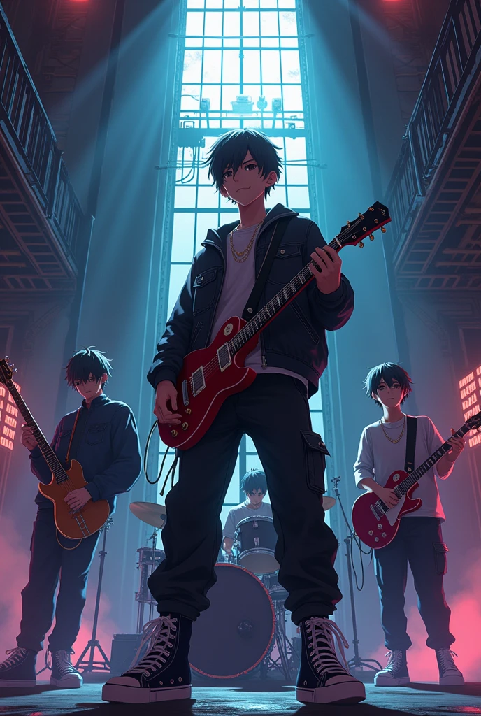 Full band members with a asian rapper Animae in dark building